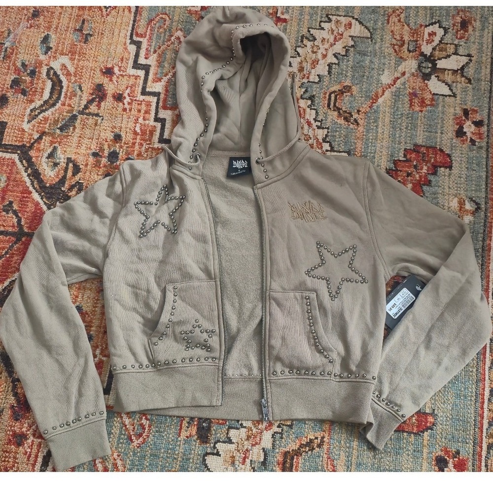 Empyre Angel Full Zip Hoodie Studded Star Cropped Sweatshirt Green Small NEW